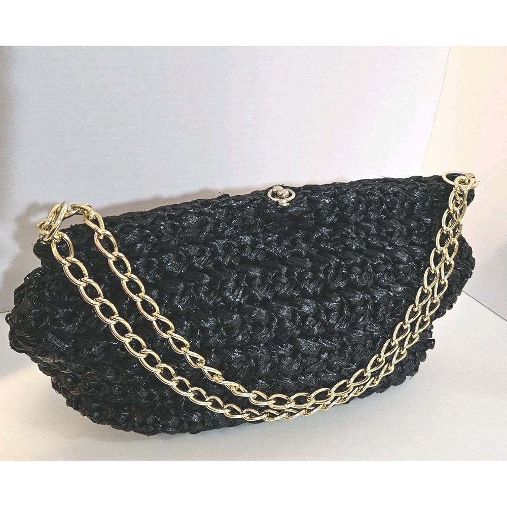 VTG "It's In The Bag" Ritter Black Raffia Crochted Gold Accents Lined Japan